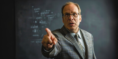 Professor gesturing towards chalkboard during lecture