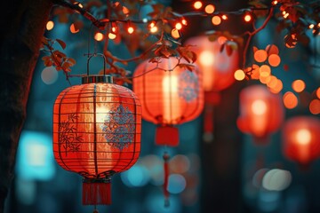 Fototapeta premium Chinese lanterns installed on the walls create a festive atmosphere for New Year's celebrations