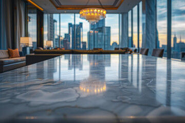 An elegant, polished marble dining table in the foreground with a blurred background of a luxury hotel penthouse suite. 