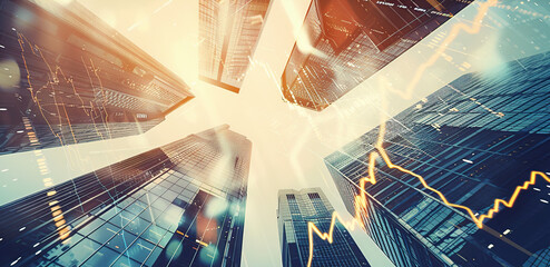 A stock market graph and skyscrapers in double exposure, representing business growth or financial success.