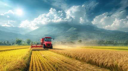 Obraz premium Macro Shot of Rice Harvester Machine Parked in Vast Rice Fields, Agricultural Technology and Farming Efficiency