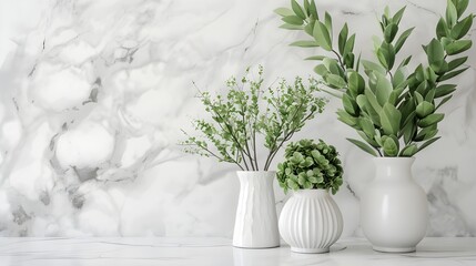 Interior design of an apartment or kitchen with a vase and plants isolated on a white marble table and white marble backgrounds with copy space.