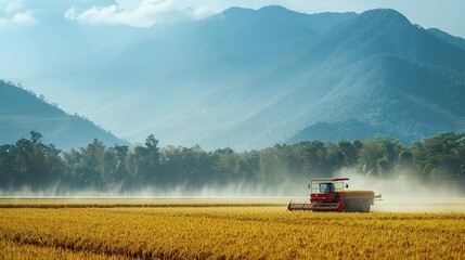 Naklejka premium Macro Shot of Rice Harvester Machine Parked in Vast Rice Fields, Agricultural Technology and Farming Efficiency