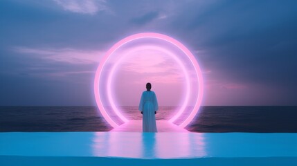 Mystical Zen Meditation by Neon Circle at the Ocean's Edge