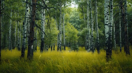 Fototapeta premium Trees closely packed in a dense forest, with tall blades of grass swaying below, capturing the raw essence of wilderness