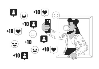 Latina girl taking selfie for social media black and white 2D line cartoon character. Hispanic woman smartphone isolated vector outline person. Fashion influencer monochromatic flat spot illustration