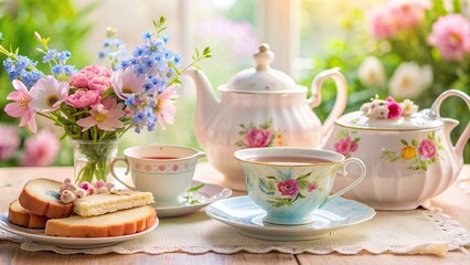 A charming springtime tea party table adorned with delicate pink and blue flowers, featuring a vintage teapot, floral china, and dainty sandwiches, creating a whimsical and elegant setting - Powered by Adobe