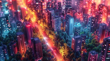 A vibrant illustration of a smart city with autonomous vehicles, green rooftops, and interconnected systems. 