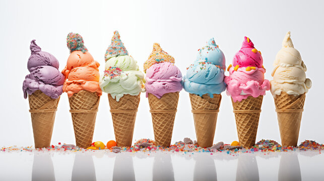 colorful ice cream cones on white background - Powered by Adobe