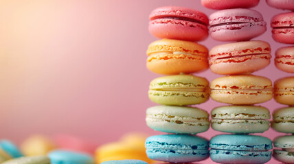 Stacked colorful macarons against a pink background.