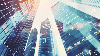 A stock market graph and skyscrapers in double exposure, representing business growth or financial success.