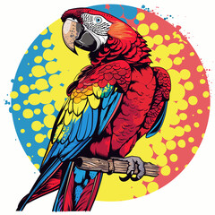 A colorful parrot is perched on a branch. The bird is surrounded by a circle of dots, which gives the image a playful and whimsical feel