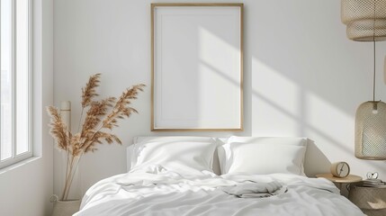 Minimal wooden picture poster frame mockup on white wallpaper