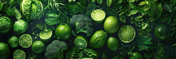 Green Fruit Banner Layout Featuring Fresh Vegetables and Healthy Herbs