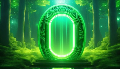 Magic portal door in fantasy forest game world background. Green neon gate light in futuristic enchanted mirror
