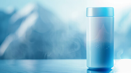 A blue thermos with steam, snowy mountains in the background.