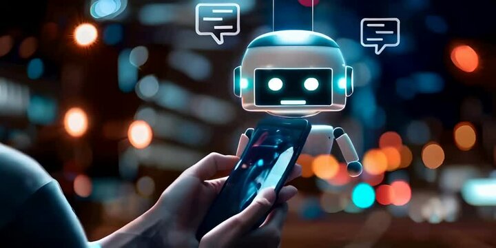A person holding phone with an virtual AI chatbot interface and speech bubbles
