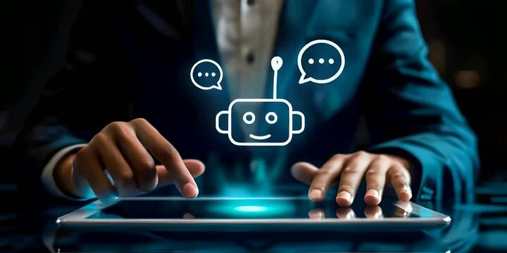 A businessman using tablet with virtual digital chatbot icon