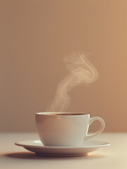 Obraz premium A steaming cup of coffee on a saucer in a minimalistic setting.