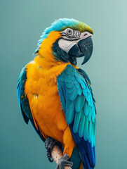 Fototapeta premium A blue and yellow macaw parrot perched on a branch.