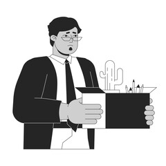 Unhappy dismissed arab man black and white 2D line cartoon character. Unemployed middle eastern male carrying stuff isolated vector outline person. Firing crisis monochromatic flat spot illustration