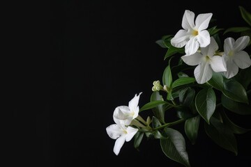 flower Photography, Jasminum polyanthum, full view object, copy space on right, Isolated on Black Background