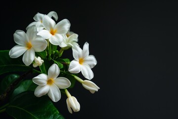 flower Photography, Jasminum sambac, full view object, copy space on right, Isolated on Black Background
