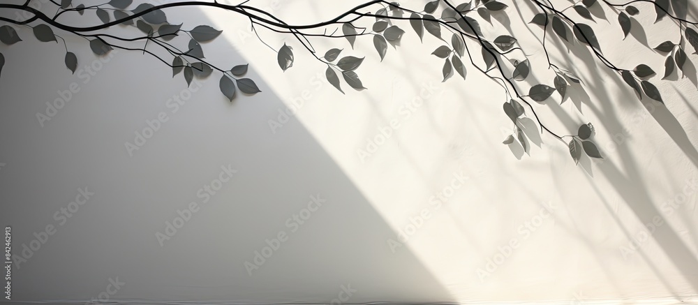 Sticker Black and white nature shadow pattern art on the wall, with the abstract gray shadow of natural leaves cast upon a white wall texture as a copy space image.