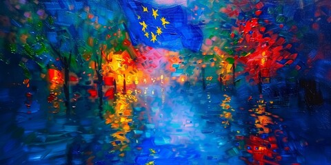Obraz premium Nighttime Cityscape With Flag and Reflection. Generative AI