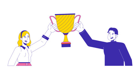 Happy diverse man and woman holding winner cup 2D linear cartoon characters. Joyful winners with award isolated line vector people white background. Leadership color flat spot illustration