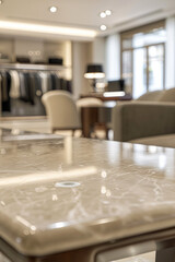 An elegant, polished marble coffee table in the foreground with a blurred background of a luxury personal shopping suite. The background features stylish clothing racks.