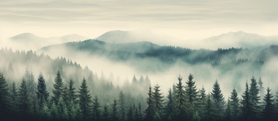 Fototapeta premium Vintage retro hipster style mountain landscape with misty fog, evergreen forest, and ample copy space image.