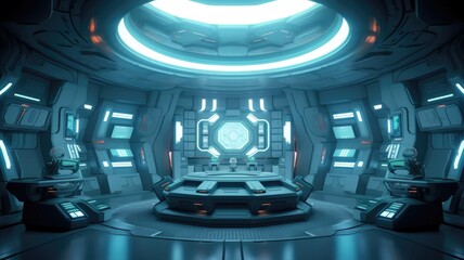 Futuristic spaceship interior with blue. Sci-fi control room concept art. A futuristic room with a glowing orb in the center. Research lab or space station decorated with blue neon color. AIG35.