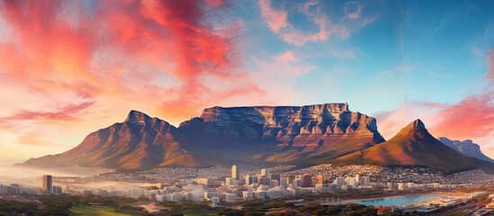 Naklejka premium Winter sunrise with Table Mountain and Devil's Peak in the background, suitable as a copy space image.