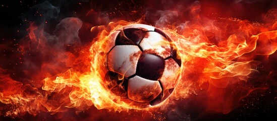 Fototapeta premium Closeup of a soccer ball on the grass of a football field in a packed stadium with spotlights at dusk, representing sport, art, and power in an advertising-friendly copy space image.