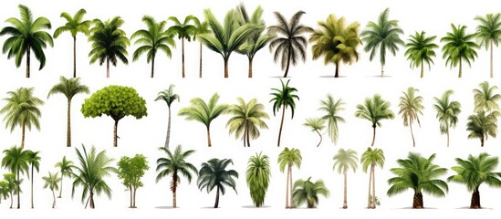 A single coconut palm tree stands alone against a white backdrop with copy space image, part of a palm tree series.