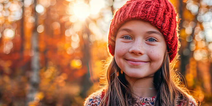 Close-up of the face of a girl with red woolen hat in a forest in autumn