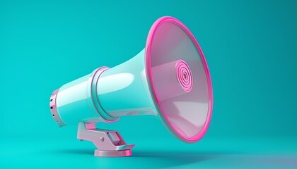 A pink and white megaphone is on a blue background