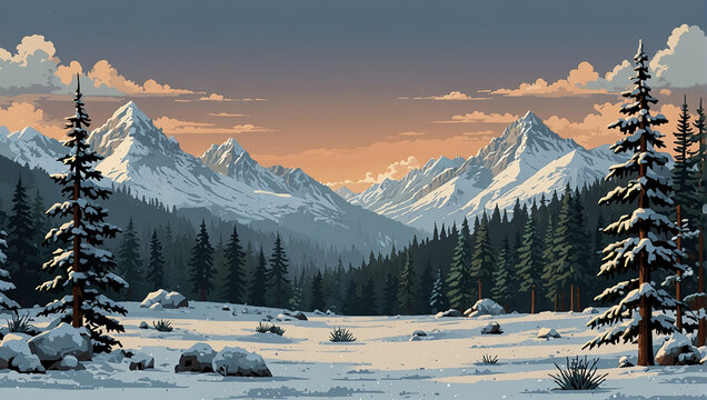 Pixel art seamless snowy mountain background with pine trees. 2d style