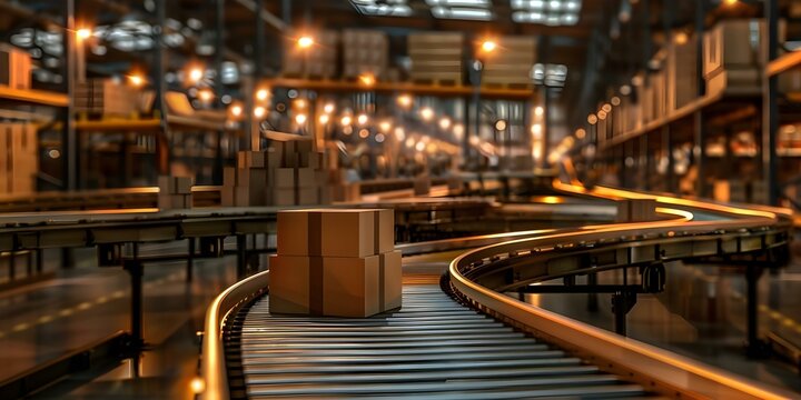 Warehouse conveyor belt moving cardboard packages for automated commerce logistics. Concept Warehouse Automation, Conveyor Belts, Cardboard Packages, E-commerce Logistics, Automated Commerce