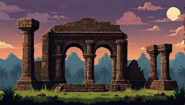 Pixel art seamless ancient ruins background with temples. 2d style