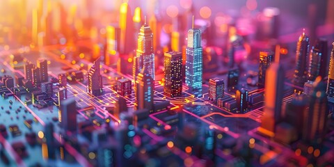 Colorful data network grids overlay miniature cityscape in a cinematic tech scene. Concept Technology, Data Networks, Cityscape, Cinematic, Design