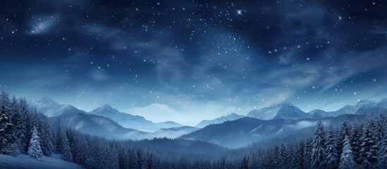 A monochrome image of a winter night sky filled with glistening stars above a snowy field - ideal for a Christmas-themed copy space image.