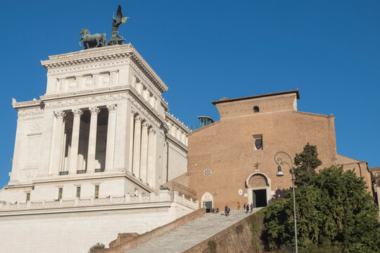 Famous Ara Coeli staircase and church. Rome city center. Italy