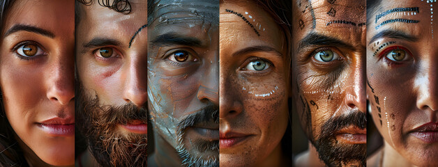 Banner collage of diverse faces representing different ethnic communities, diversity background concept. Suitable for multicultural events, social inclusion campaigns, or global unity promotions.