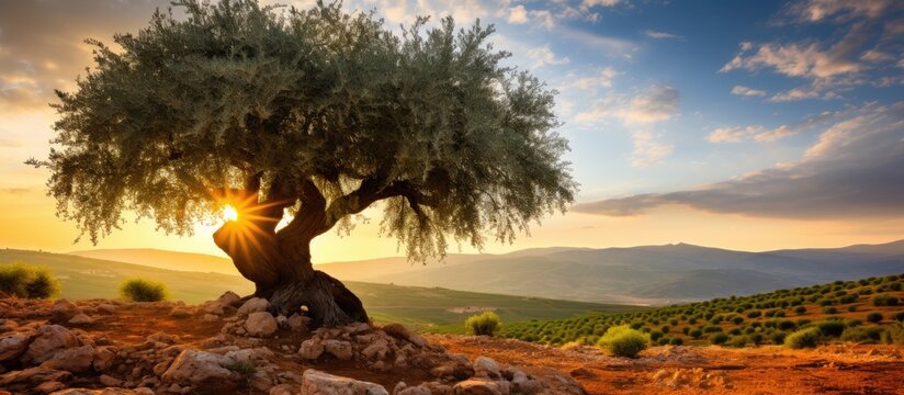 Sunlight illuminates a centennial olive tree with a broad trunk and picturesque shapes, creating a captivating copy space image.