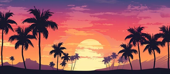 Obraz premium A silhouette of a tropical palm tree against a sunset sky with abstract clouds, ideal for travel concepts, featuring pastel color tones and a relaxing ambiance. Copy space image