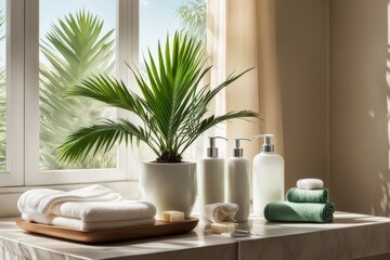 A set of luxurious toiletries set is placed on a luxury beige marble tabletop in a white bathroom.