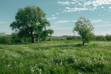 Fototapeta premium Green Grass and Trees. Peaceful Spring Landscape with Trees, Flowers, and Blue Sky