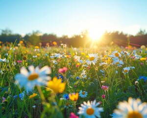 Fototapeta premium Sunlit meadow with wildflowers under a clear sky